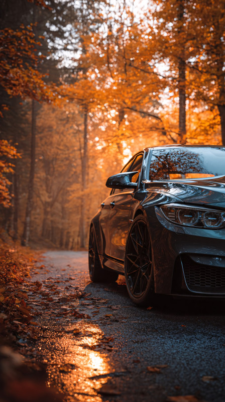 autumn forest sports car road 4k wallpaper for phone free download