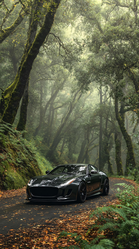black luxury sports car in misty forest road 4k wallpaper