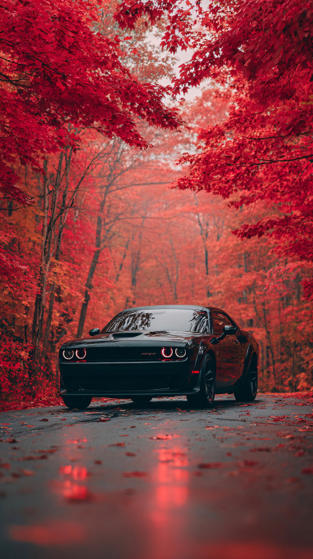 black muscle car autumn forest road 4k wallpaper free download