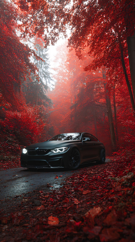 black sports car red autumn forest road 4k wallpaper for phone free download