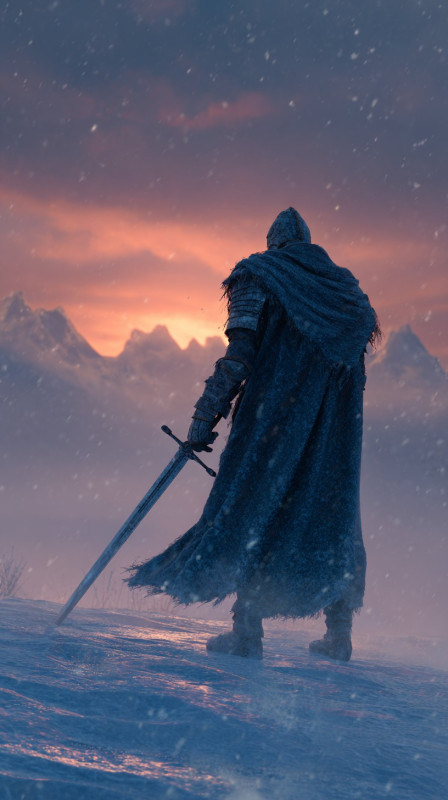 Epic Warrior in Snowy Landscape 4K Wallpaper