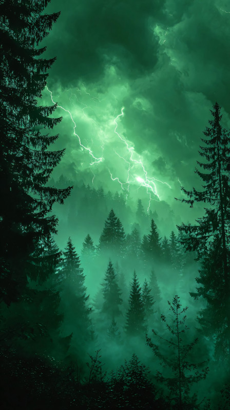 green lightning forest storm 4k wallpaper free download