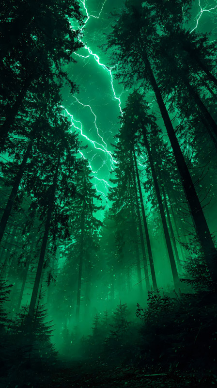 green lightning forest storm night 4k wallpaper
