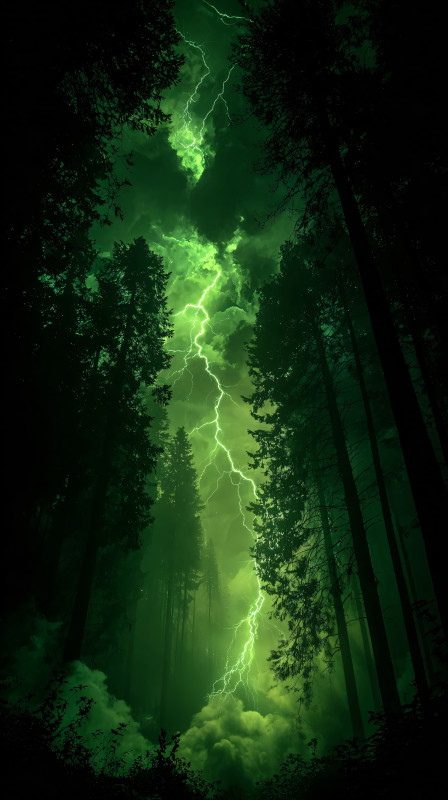 green lightning storm forest night 4k wallpaper