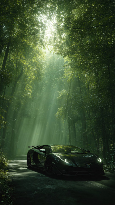 Luxury Car in Lush Forest iPhone Wallpaper