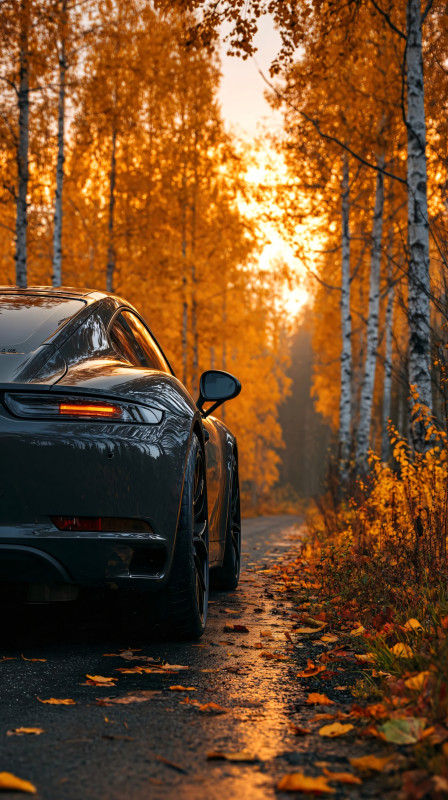 luxury sports car autumn forest road sunset 4k wallpaper for phone free download