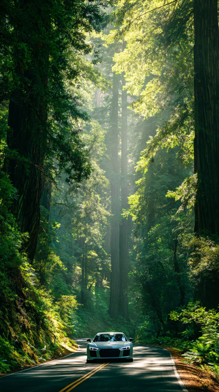 luxury sports car driving through green forest road 4k wallpaper for phone