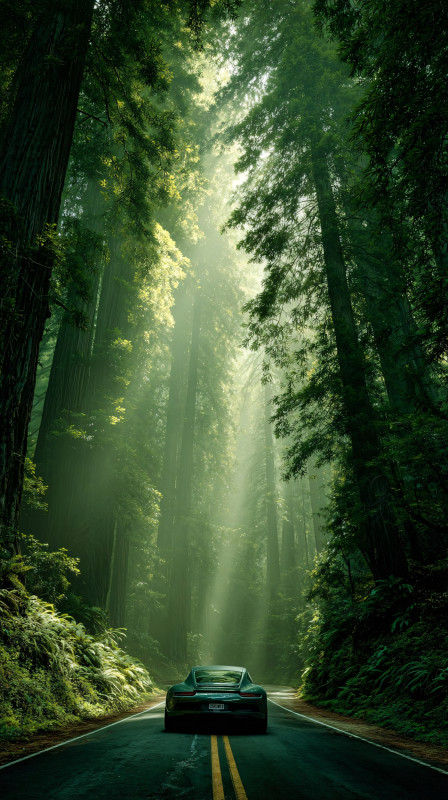 luxury sports car forest road sun rays 4k wallpaper for phone free download