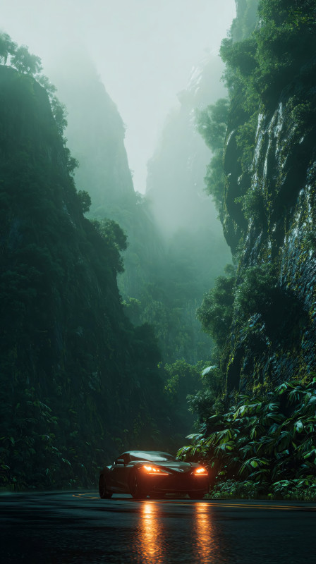 luxury sports car in misty jungle canyon road 4k wallpaper for phone free download