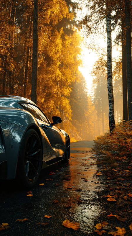 luxury sports car on autumn forest road golden sunset 4k wallpaper for phone free download