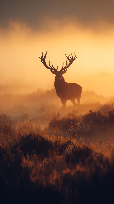 Majestic Stag in Misty Sunrise 4K Wallpaper