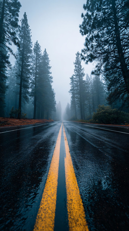 Misty Forest Road 4K Wallpaper