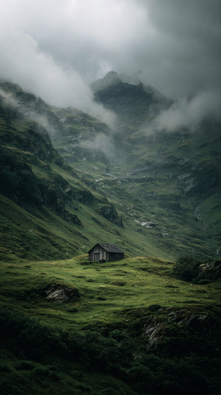 misty mountain cabin valley nature 4k wallpaper