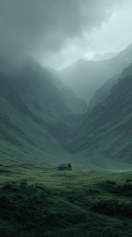 misty mountain valley cabin nature 4k wallpaper