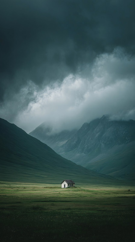 moody mountain valley cabin nature 4k wallpaper
