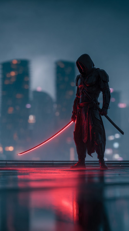 Mysterious Warrior Cityscape 4K Mobile Wallpaper