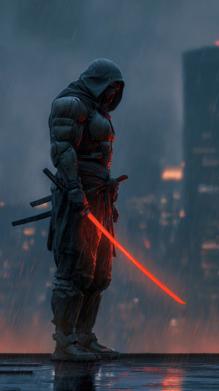 Mystical Warrior in Rainy City HD Wallpaper