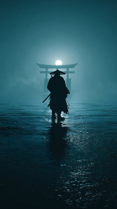 Samurai Silhouette at Sea 4K Wallpaper