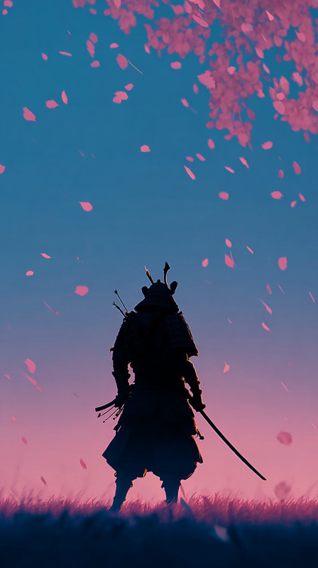 Samurai Silhouette in Cherry Blossom 4K Wallpaper