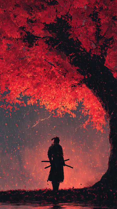 Samurai Silhouette Under Crimson Tree HD Wallpaper