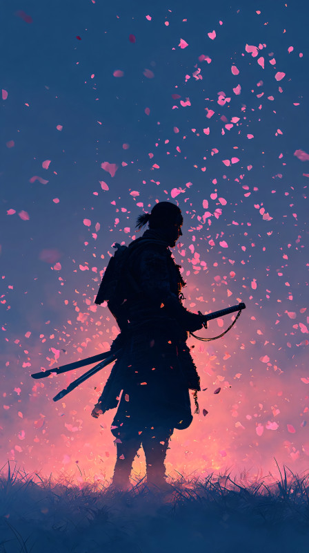 Samurai Silhouette Under Falling Petals 4K Wallpaper