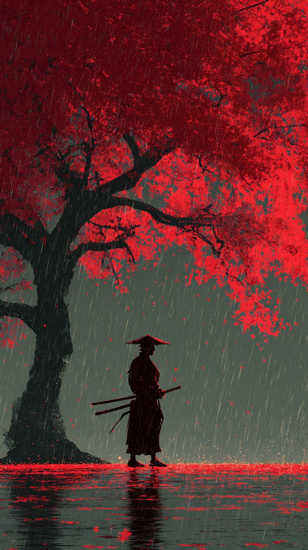 Samurai Silhouette Under Red Tree 4K Wallpaper