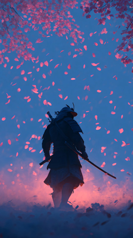 Samurai Under Blossom 4K HD Wallpaper