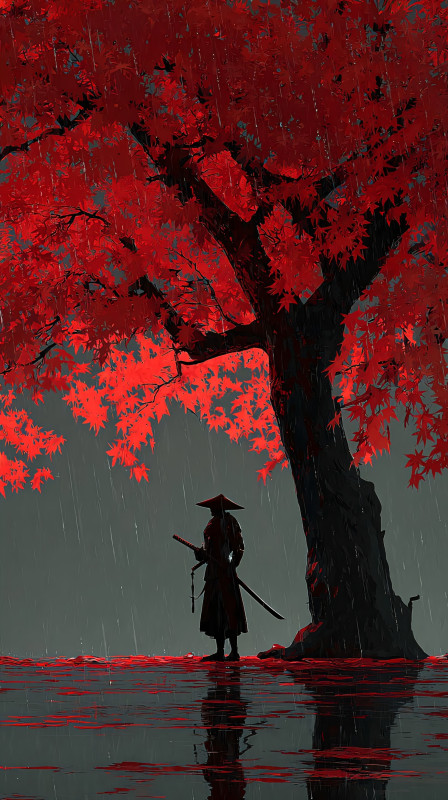 Serene Samurai Under Red Maple 4K Wallpaper