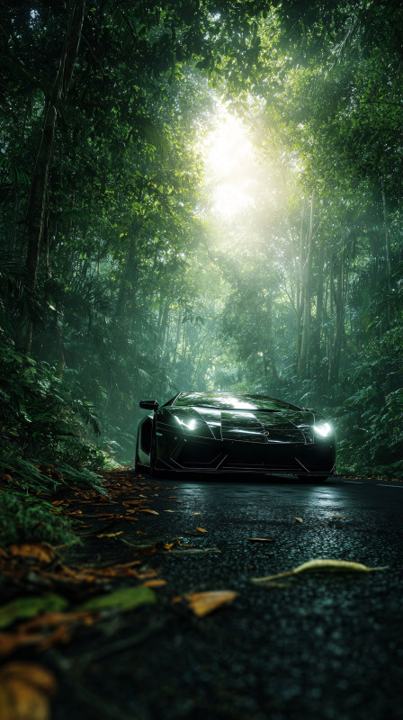 Sleek Car in Enchanted Forest Mobile Wallpaper