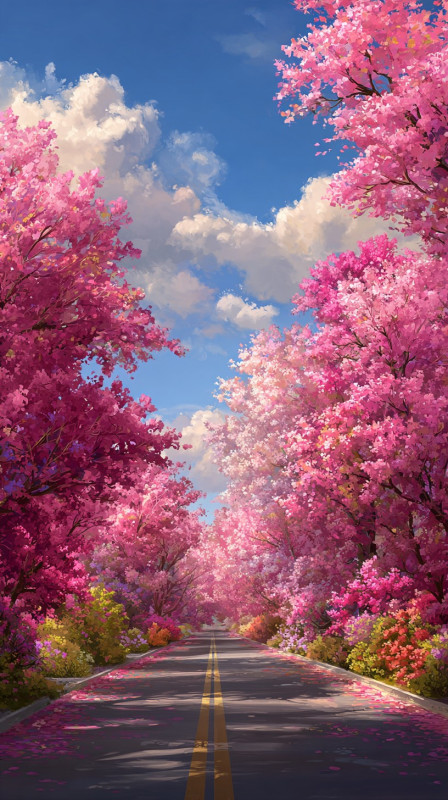 Vibrant Cherry Blossom Road HD Wallpaper