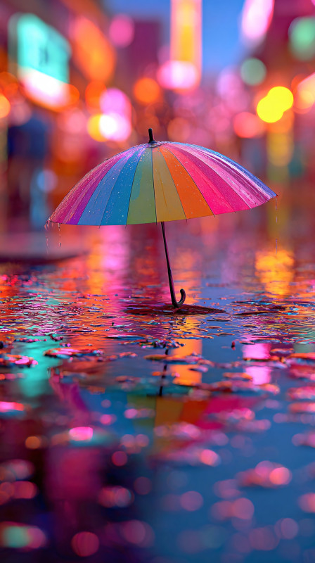 Vibrant Umbrella in Neon Rain 4K Wallpaper