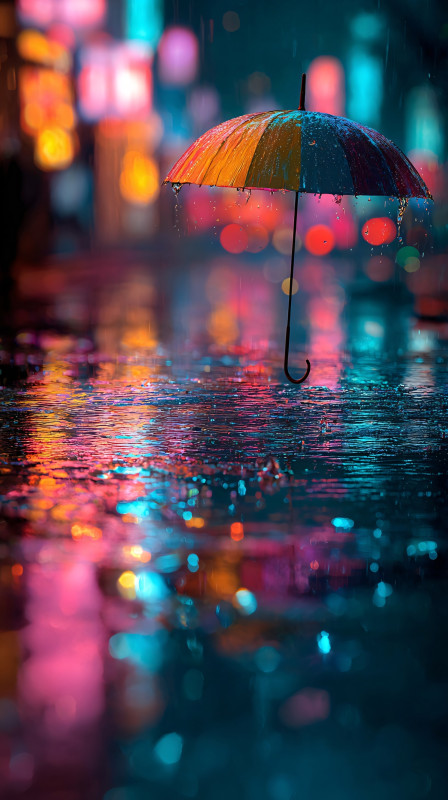 Vibrant Umbrella in Rainy City 4K Wallpaper