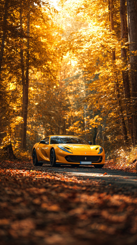 Vibrant Yellow Car in Autumn Forest iPhone Wallpaper