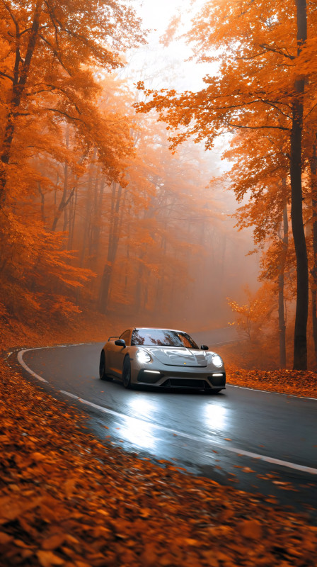 white luxury sports car driving on autumn forest road 4k wallpaper for phone free download