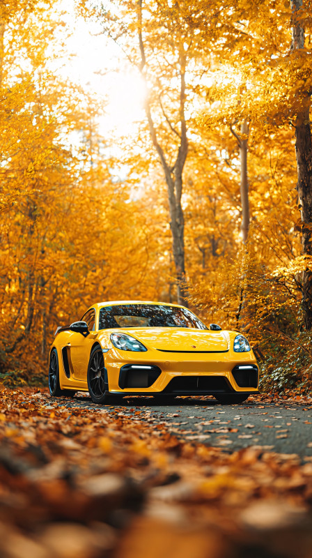 yellow luxury sports car autumn forest road 4k wallpaper for phone free download